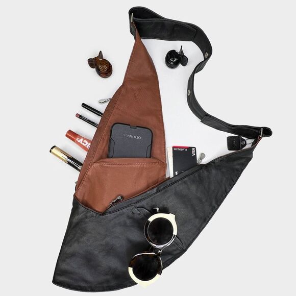 Sash Women’s Black Cognac Brown Reversible Vegan Leather Crossbody Sash Bag - Picture 1 of 13